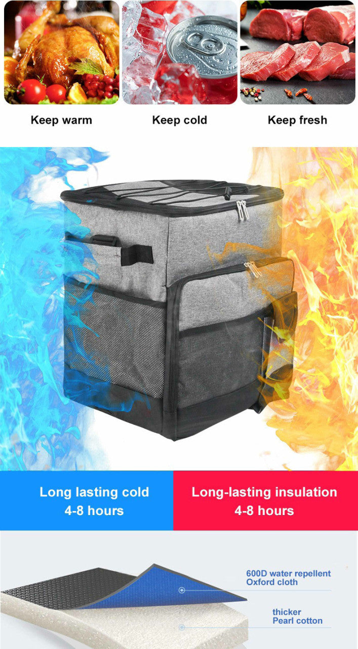 Grey Cooler Picnic Bag Trolley with wheels, designed for outdoor events, holding up to 60 cans.