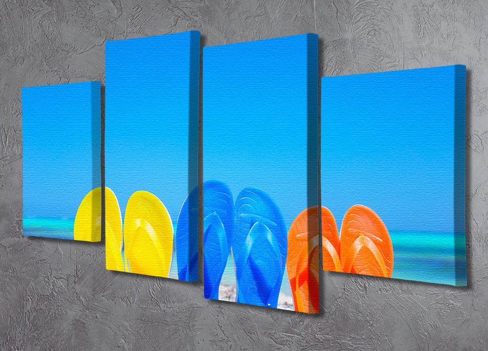 Colorful beach flip flops artwork displayed on a 4 split panel canvas, showcasing vibrant colors and playful design.