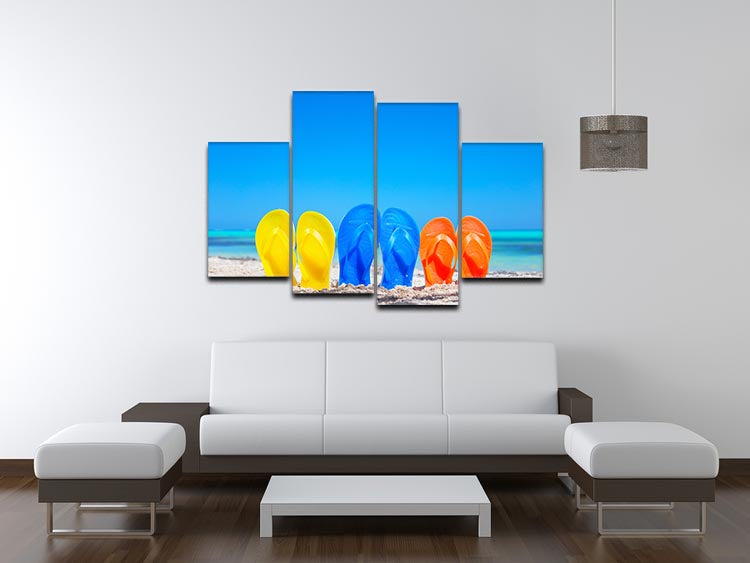 Colorful beach flip flops artwork displayed on a 4 split panel canvas, showcasing vibrant colors and playful design.