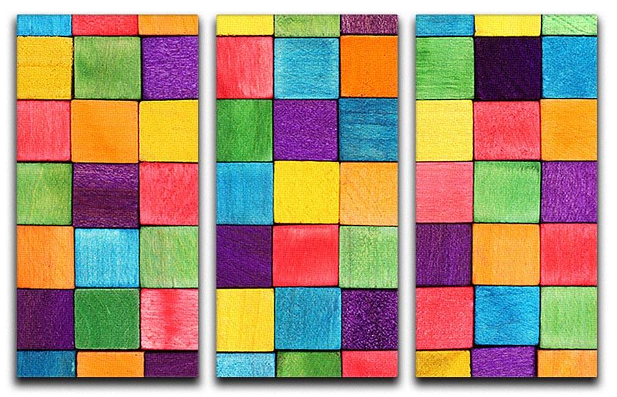 Colorful Blocks 3 Split Panel Canvas Print featuring vibrant geometric designs across three panels, perfect for modern decor.