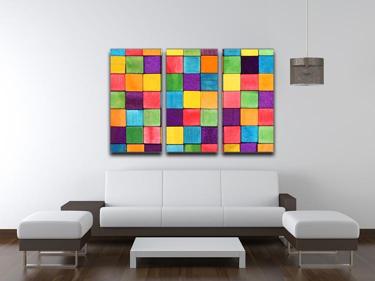 Colorful Blocks 3 Split Panel Canvas Print featuring vibrant geometric designs across three panels, perfect for modern decor.