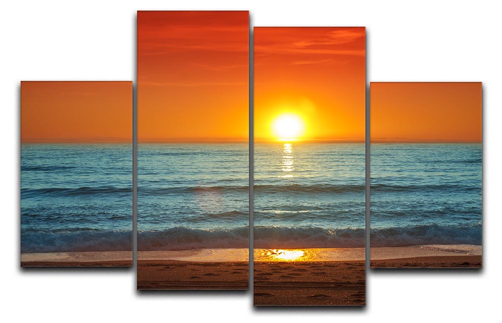 A vibrant 4-panel canvas artwork depicting a colorful sunset over the sea, showcasing rich oranges, pinks, and purples.