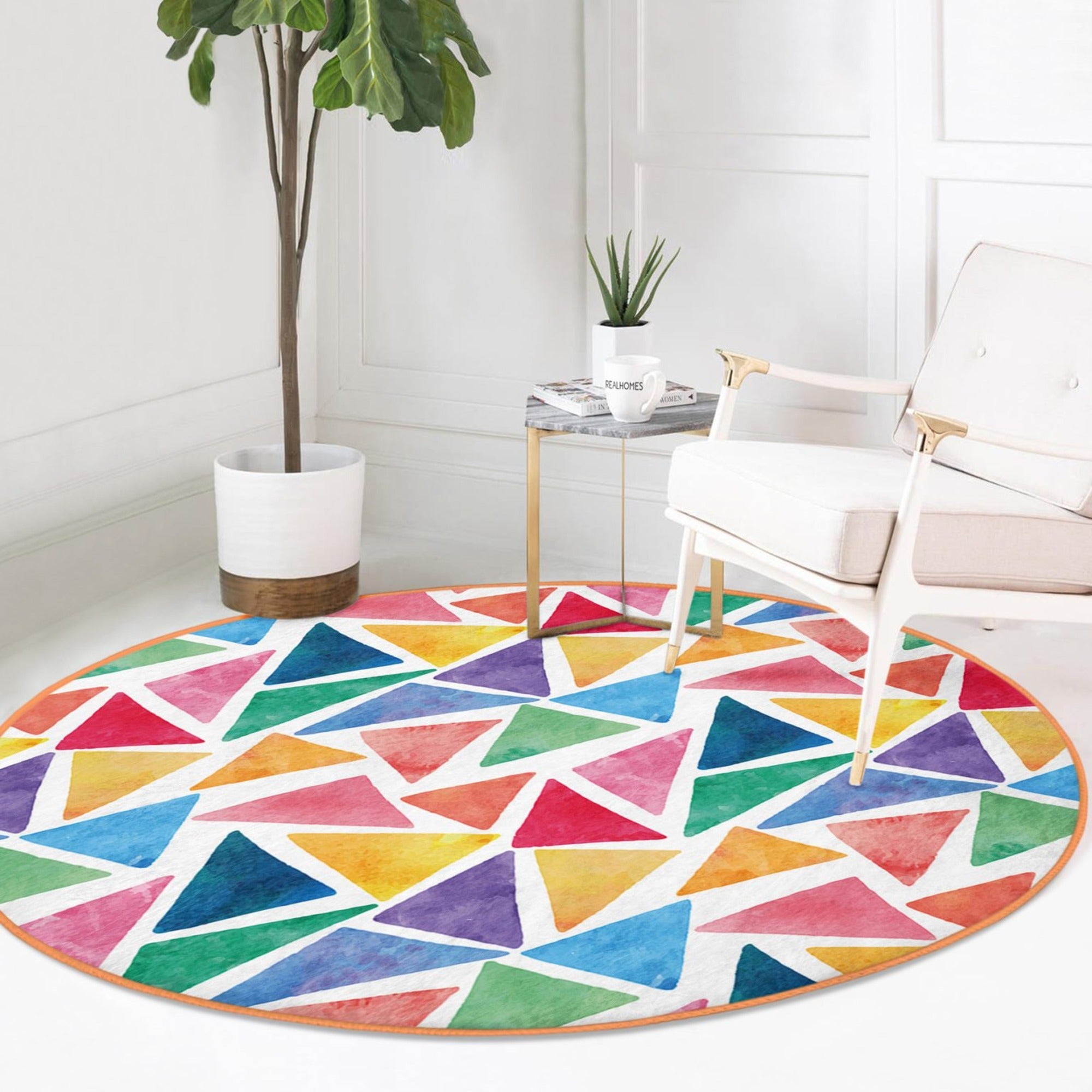 Colorful round rug featuring a vibrant triangle pattern, designed for kids' playrooms, made from soft velvet fabric.