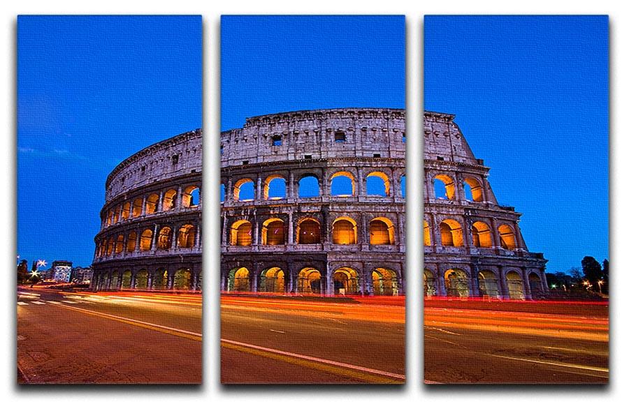 A stunning 3-panel canvas print depicting the Colosseum at dusk, showcasing vibrant colors and intricate details.