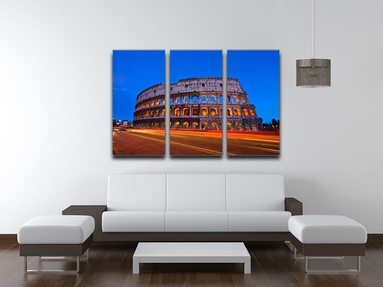 A stunning 3-panel canvas print depicting the Colosseum at dusk, showcasing vibrant colors and intricate details.