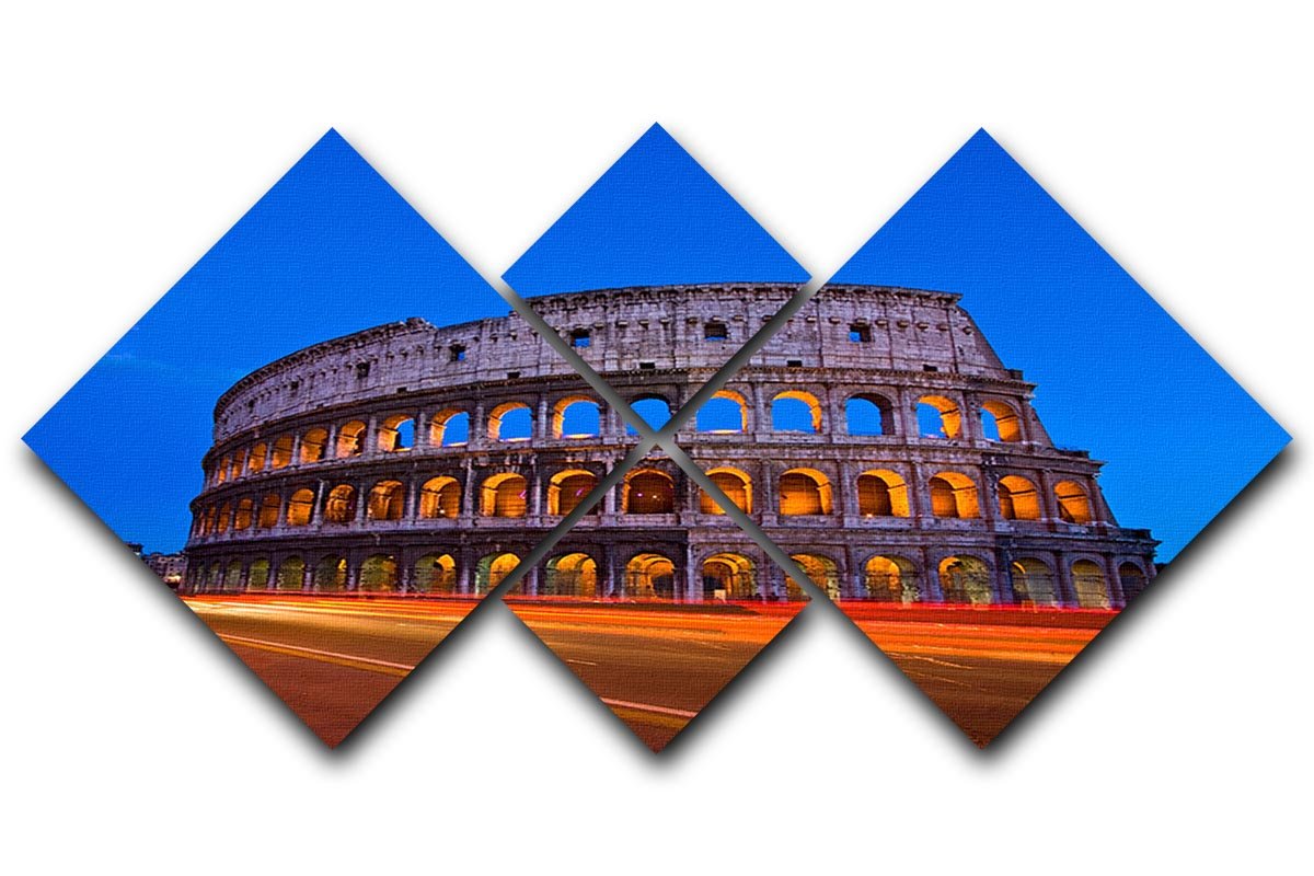 A stunning multi-panel canvas artwork featuring the Colosseum at dusk, divided into four equal square sections, showcasing vibrant sunset colors.