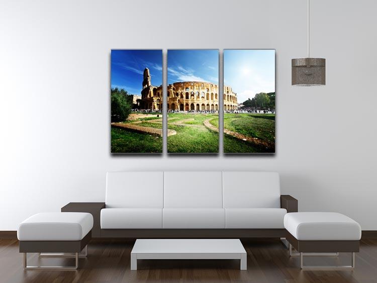 A stunning 3-panel canvas print depicting the Colosseum in Rome under a sunny sky, showcasing vibrant colors and intricate details.