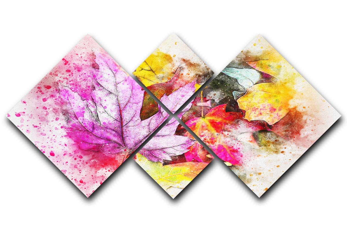 A vibrant multi-panel canvas artwork featuring colorful leaves, divided into four equal square sections, enhancing any interior space.