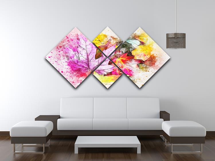 A vibrant multi-panel canvas artwork featuring colorful leaves, divided into four equal square sections, enhancing any interior space.
