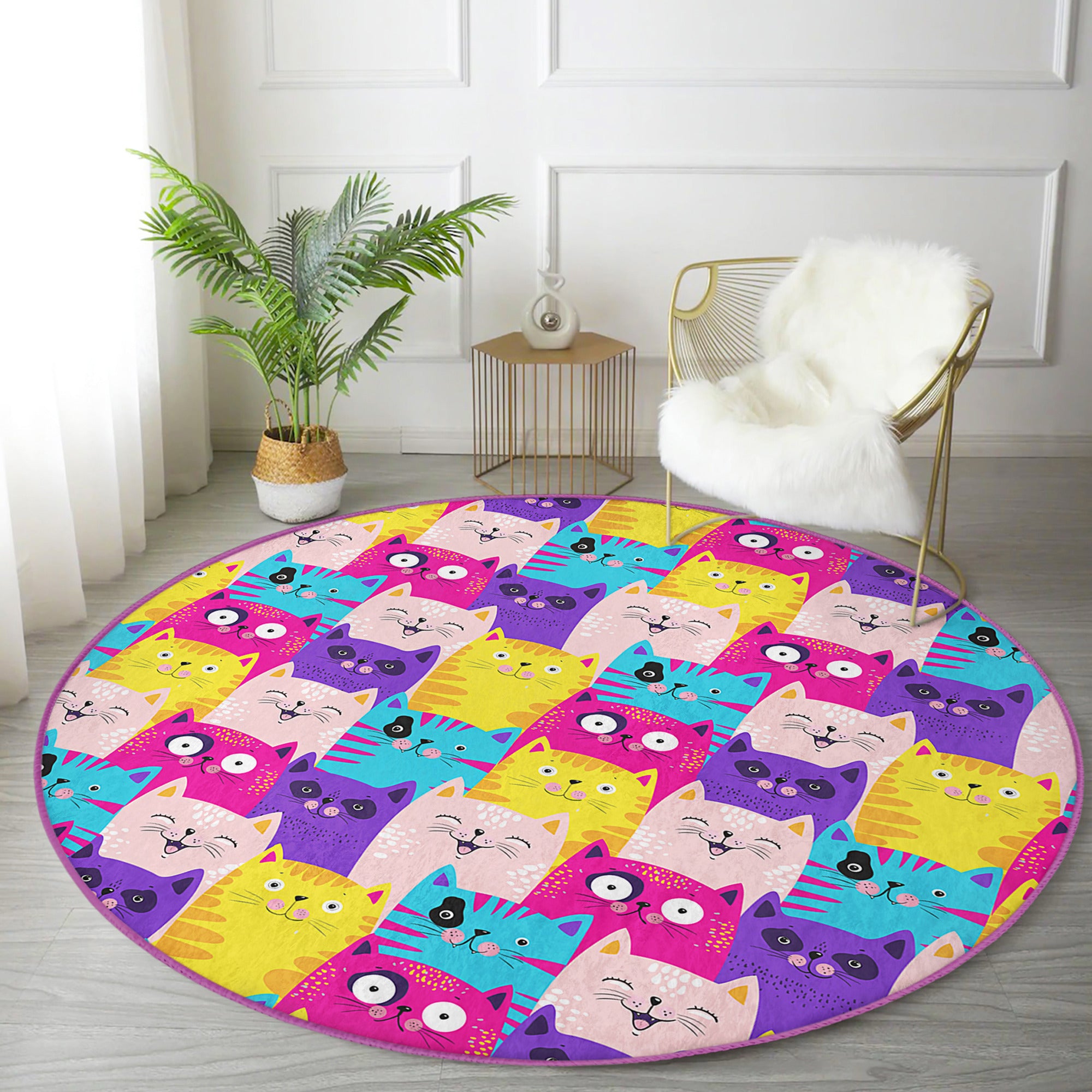 A vibrant round rug featuring a playful pattern of colorful cats, perfect for cat lovers and home decor.