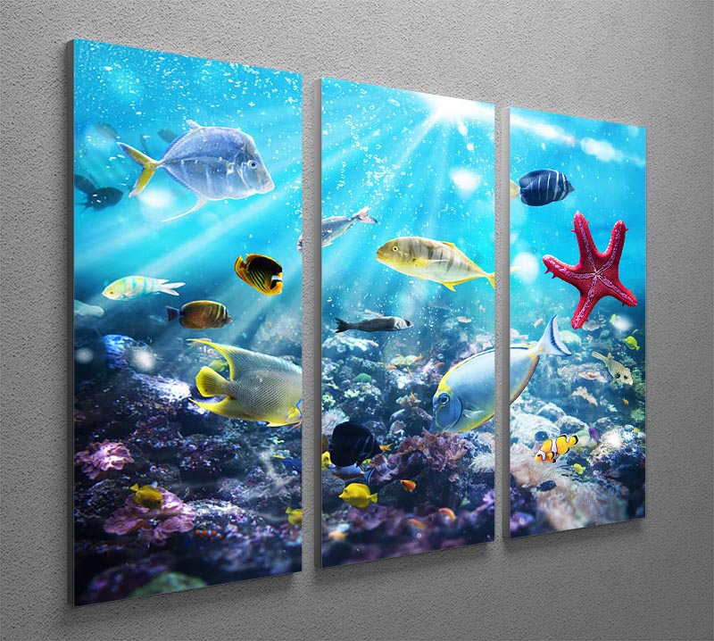 A vibrant 3-panel canvas art depicting colorful fish and marine vegetation under sunrays, perfect for home decor.