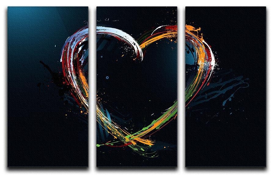 A vibrant 3-panel canvas print featuring a colourful love heart design, perfect for home decor.