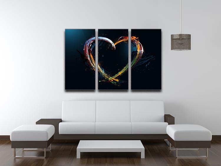 A vibrant 3-panel canvas print featuring a colourful love heart design, perfect for home decor.