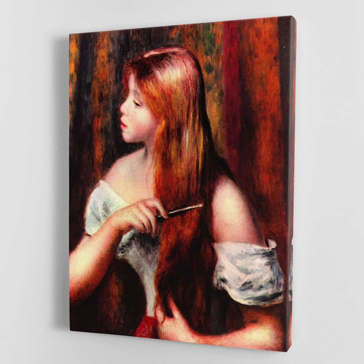 Canvas print of Combing Girl by Renoir, showcasing a young girl combing her hair with soft colors and delicate brushwork.
