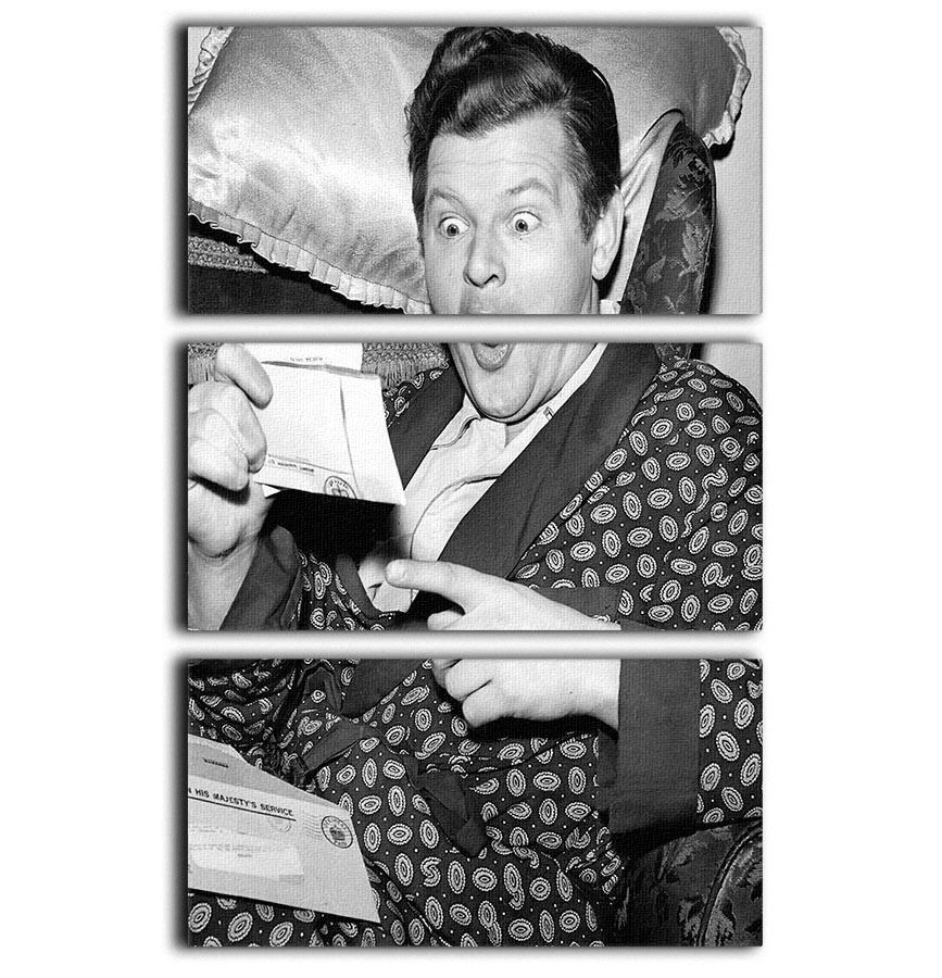 Three-panel canvas print featuring comedian Benny Hill, showcasing vibrant colors and detailed artwork.