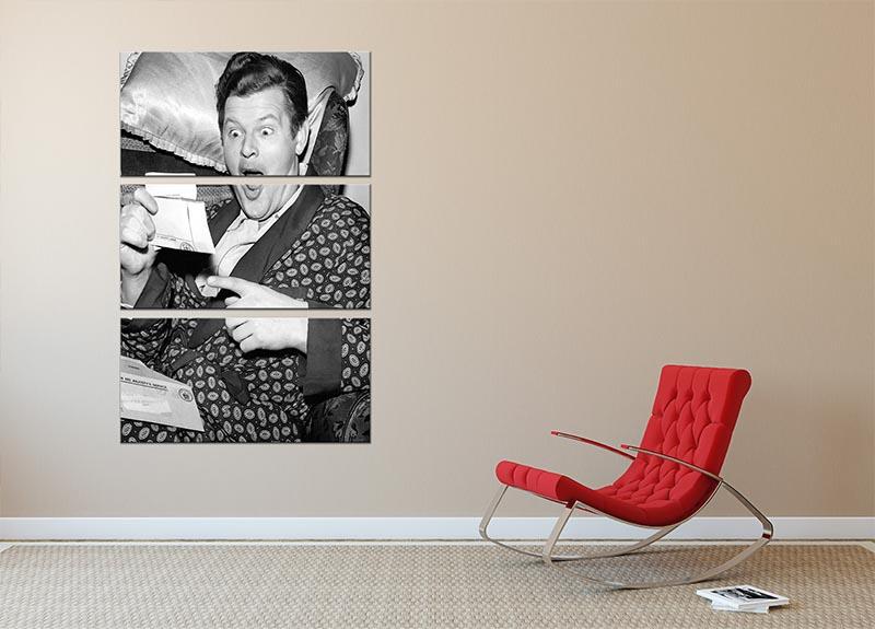 Three-panel canvas print featuring comedian Benny Hill, showcasing vibrant colors and detailed artwork.