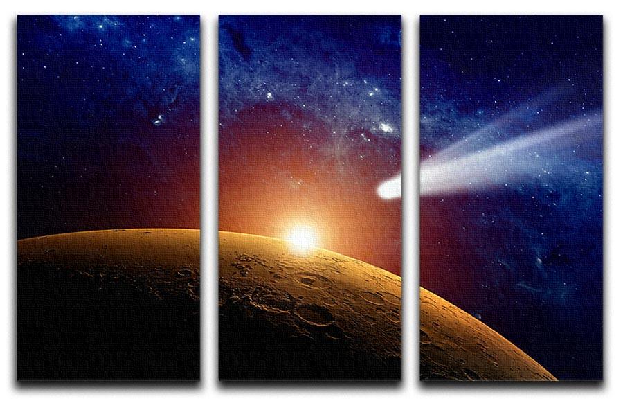 A stunning 3-panel canvas print depicting a comet approaching planet Mars, showcasing vibrant colors and intricate details.