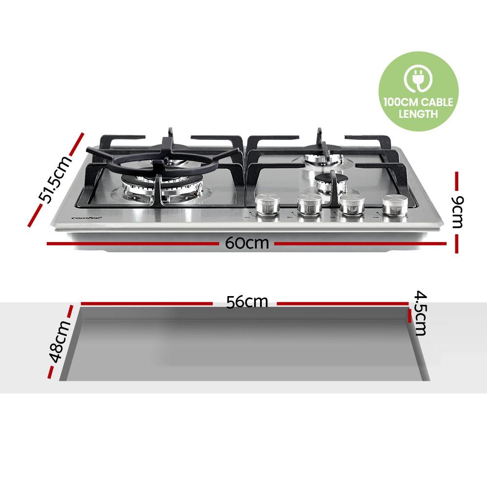 Comfee 60cm Gas Cooktop with 4 burners in stainless steel finish, showcasing sleek design and solid cast iron grates.