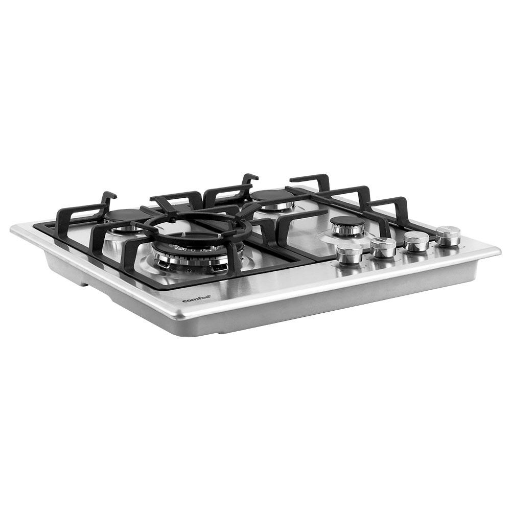 Comfee 60cm Gas Cooktop with 4 burners in stainless steel finish, showcasing sleek design and solid cast iron grates.