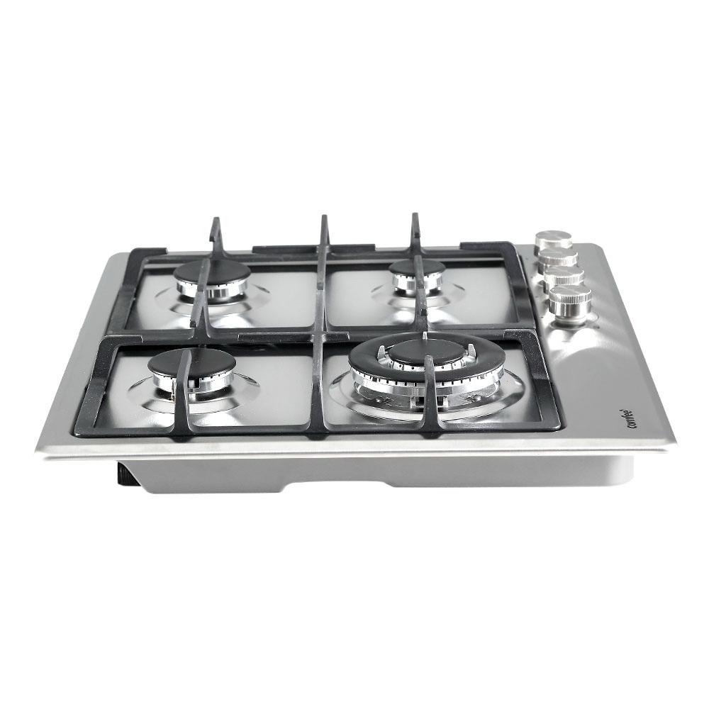 Comfee 60cm Gas Cooktop with 4 burners in stainless steel finish, showcasing sleek design and solid cast iron grates.