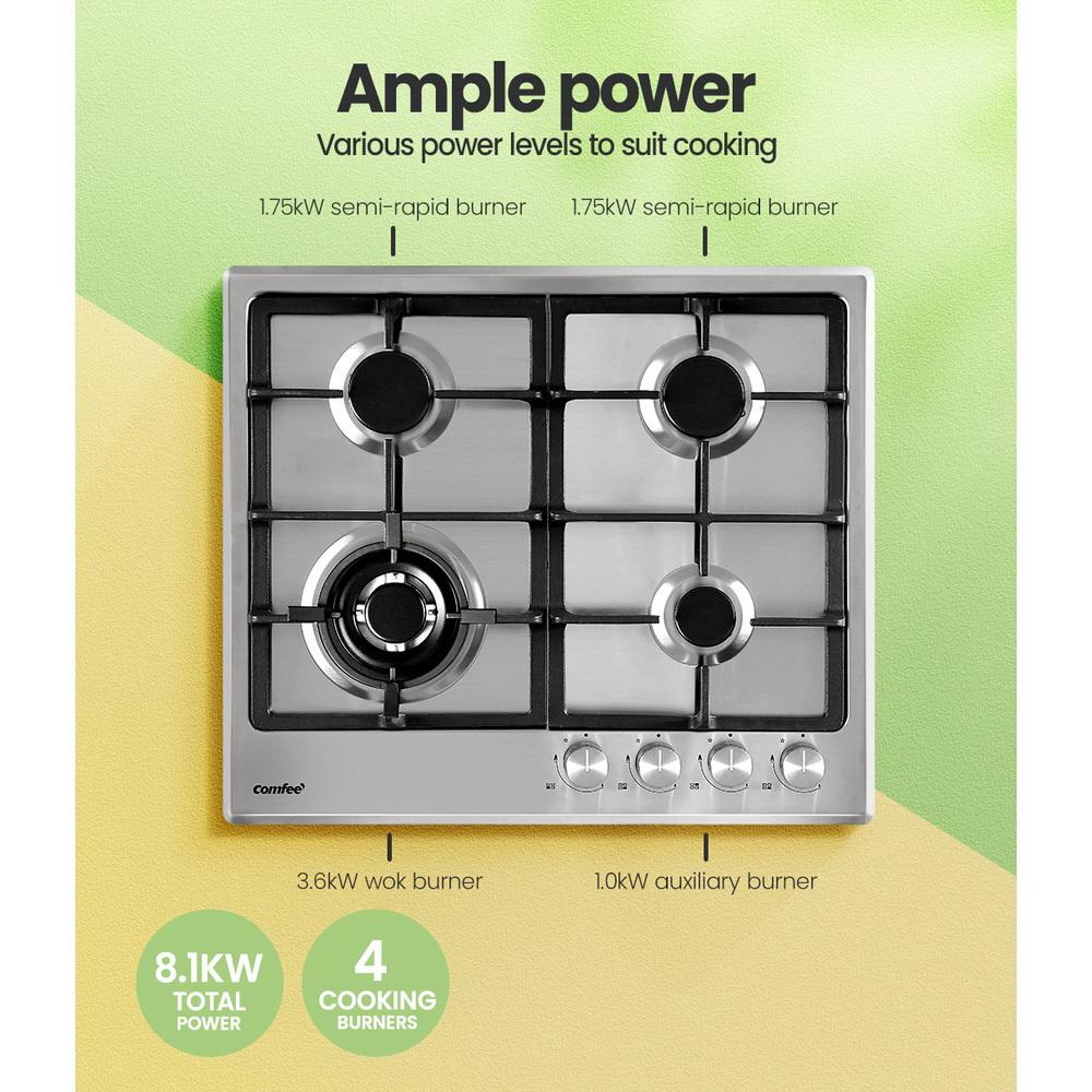 Comfee 60cm Gas Cooktop with 4 burners in stainless steel finish, showcasing sleek design and solid cast iron grates.