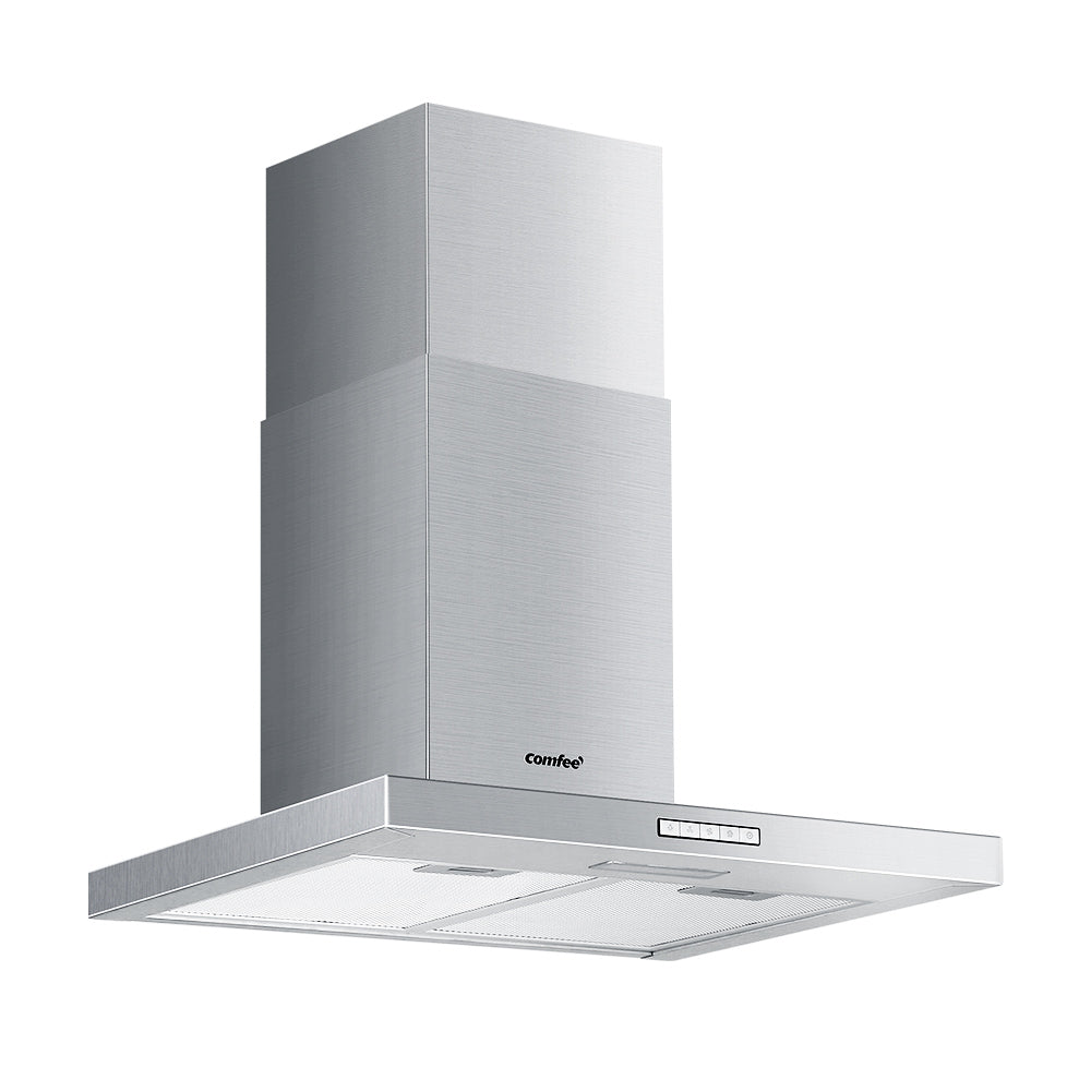 Comfee 600mm stainless steel range hood with adjustable chimney and LED light, designed for efficient kitchen ventilation.