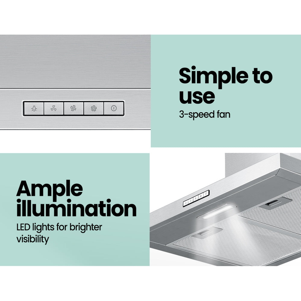 Comfee 600mm stainless steel range hood with adjustable chimney and LED light, designed for efficient kitchen ventilation.