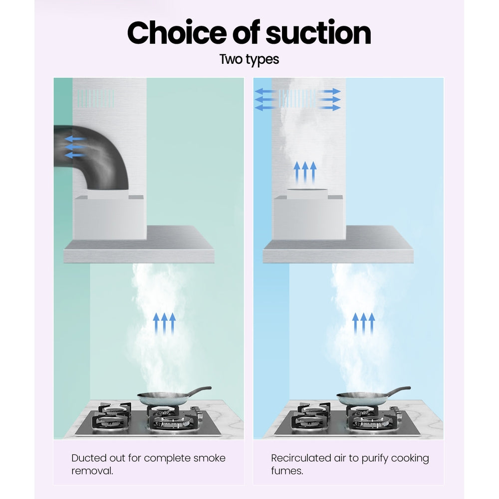 Comfee 600mm stainless steel range hood with adjustable chimney and LED light, designed for efficient kitchen ventilation.