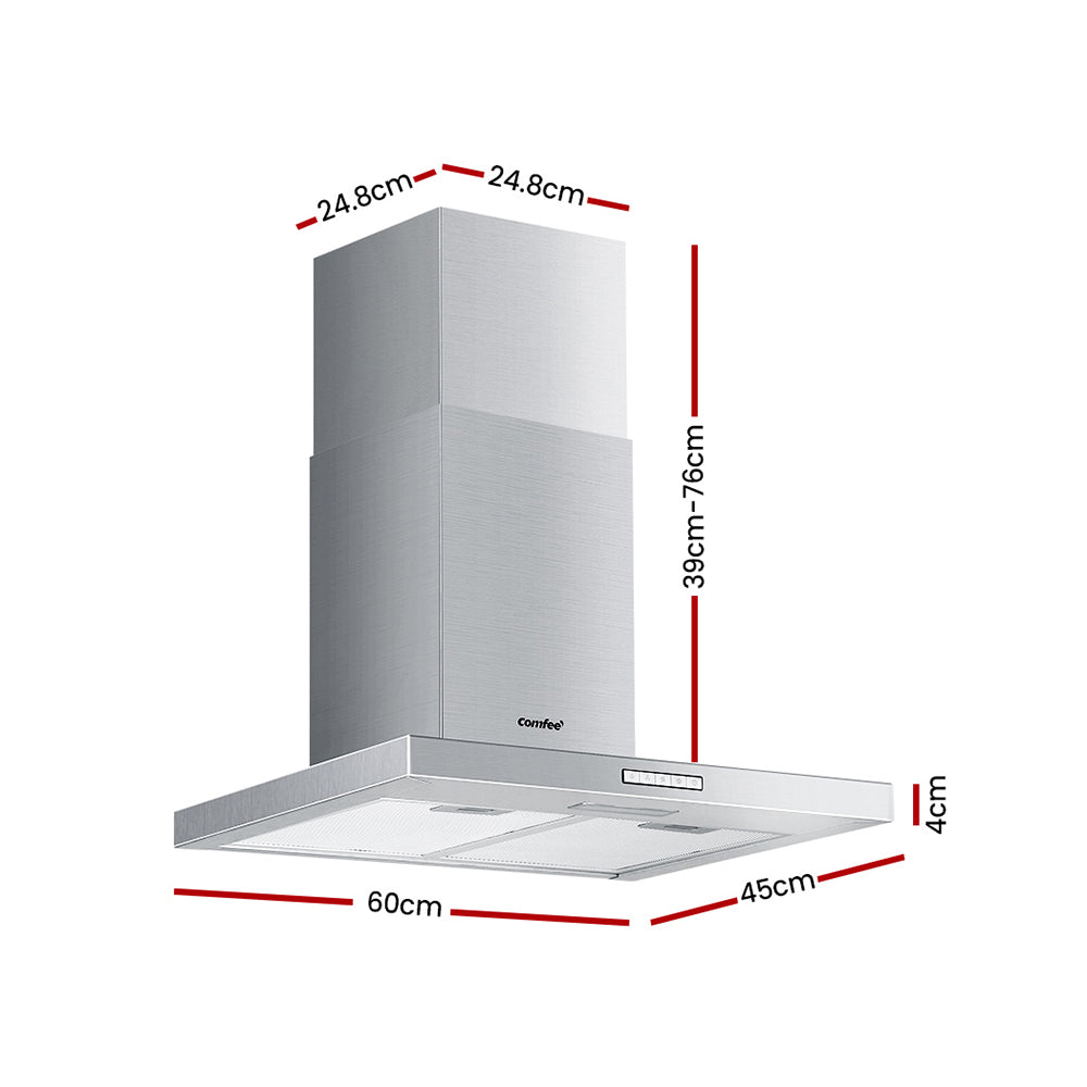 Comfee 600mm stainless steel range hood with adjustable chimney and LED light, designed for efficient kitchen ventilation.