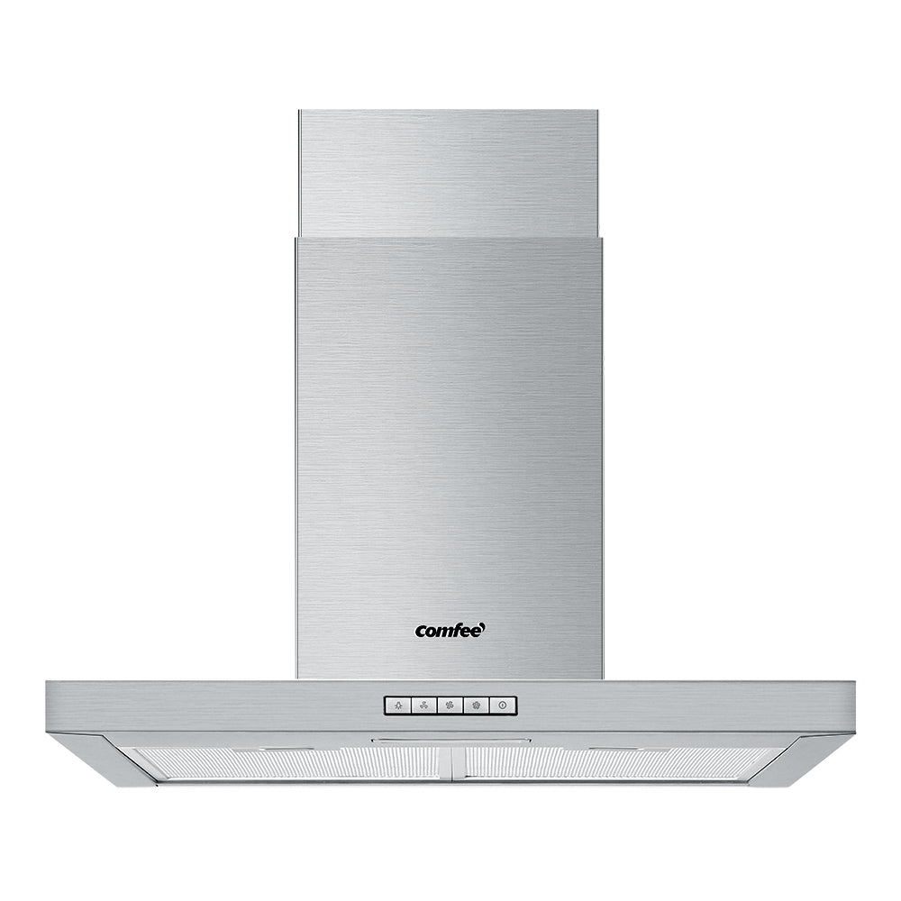 Comfee 600mm stainless steel range hood with adjustable chimney and LED light, designed for efficient kitchen ventilation.