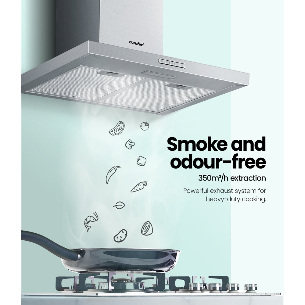 Comfee 600mm stainless steel range hood with adjustable chimney and LED light, designed for efficient kitchen ventilation.