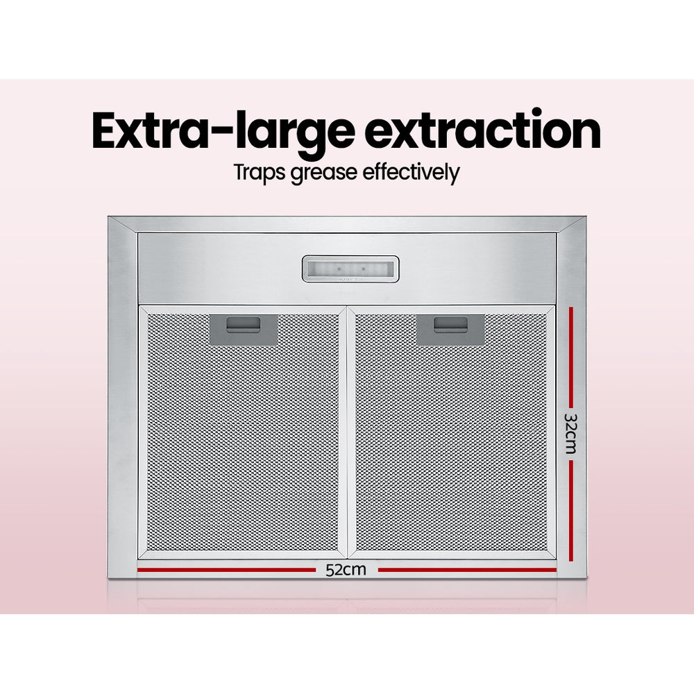 Comfee 600mm stainless steel range hood with adjustable chimney and LED light, designed for efficient kitchen ventilation.