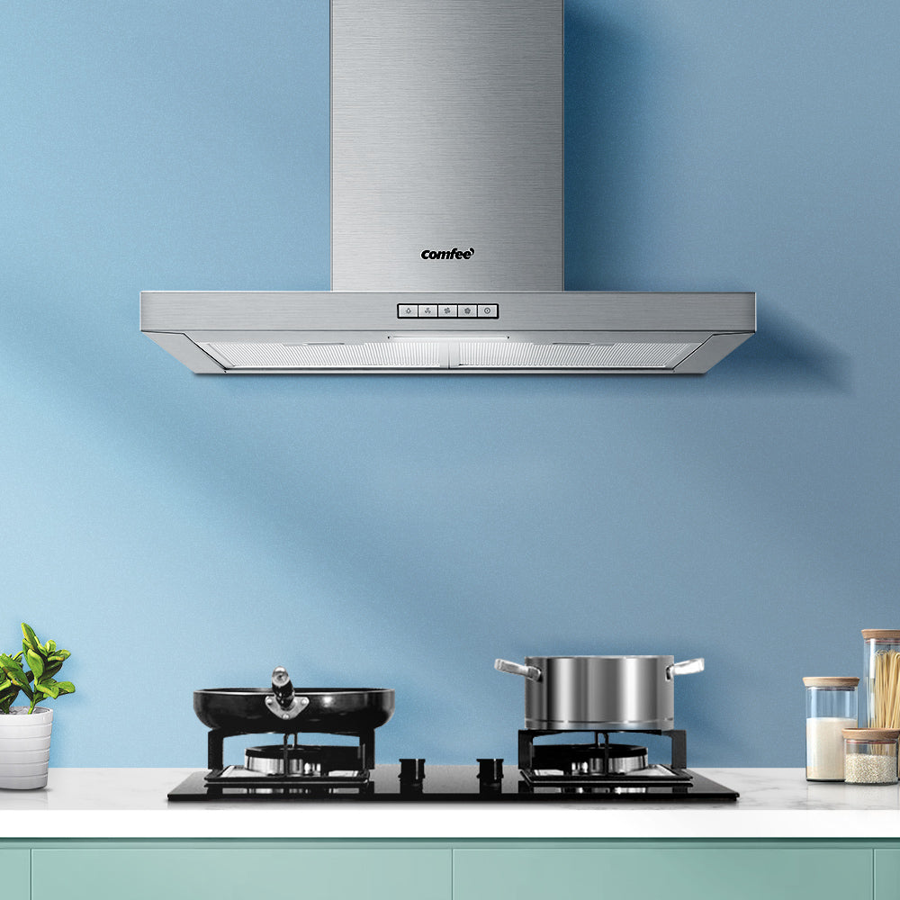 Comfee 600mm stainless steel range hood with adjustable chimney and LED light, designed for efficient kitchen ventilation.