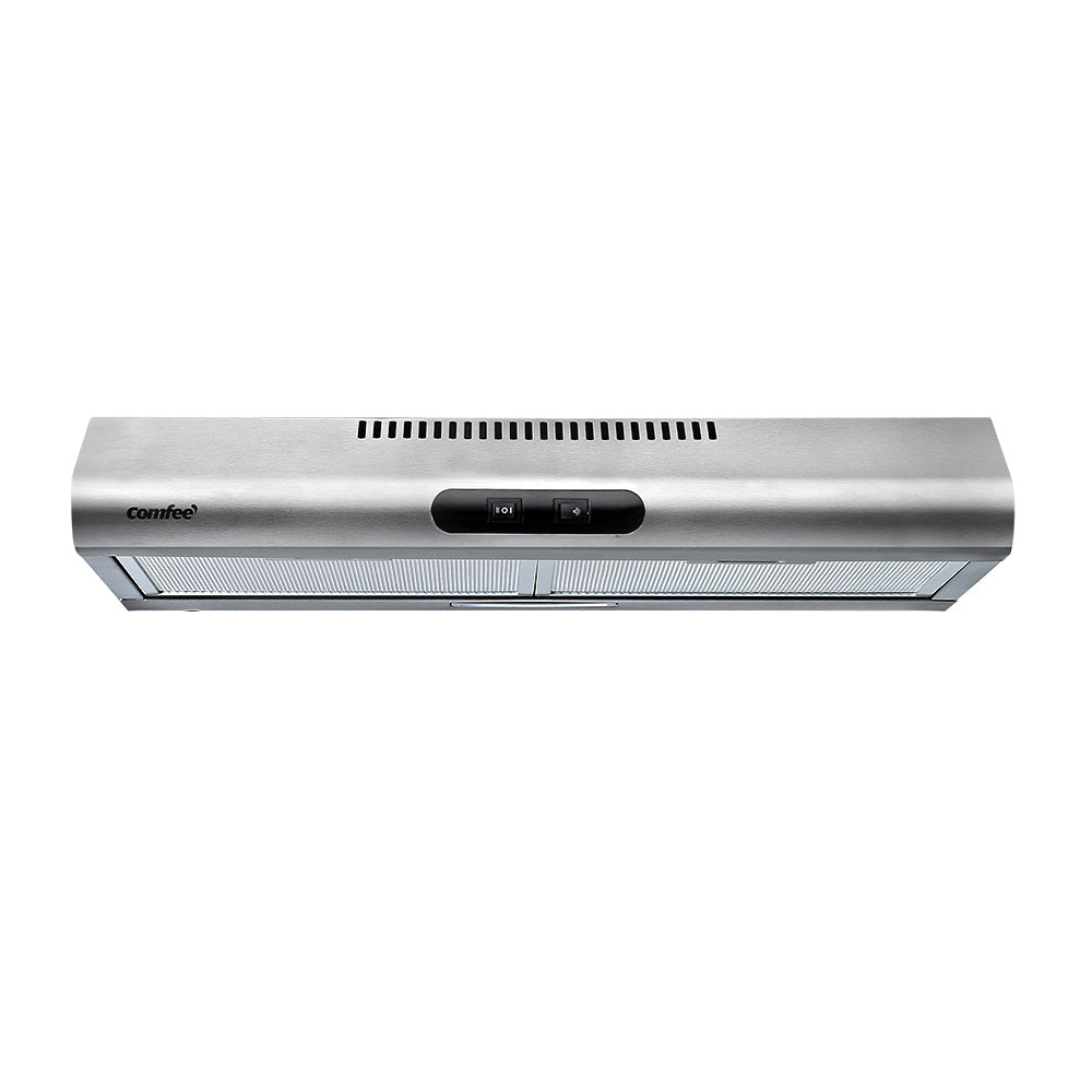 Comfee 600mm stainless steel range hood installed in a modern kitchen, showcasing its sleek design and LED lighting.