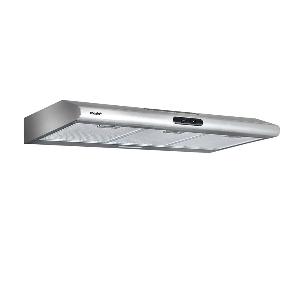 Comfee 900mm stainless steel range hood with LED light and grease filter, designed for efficient kitchen ventilation.