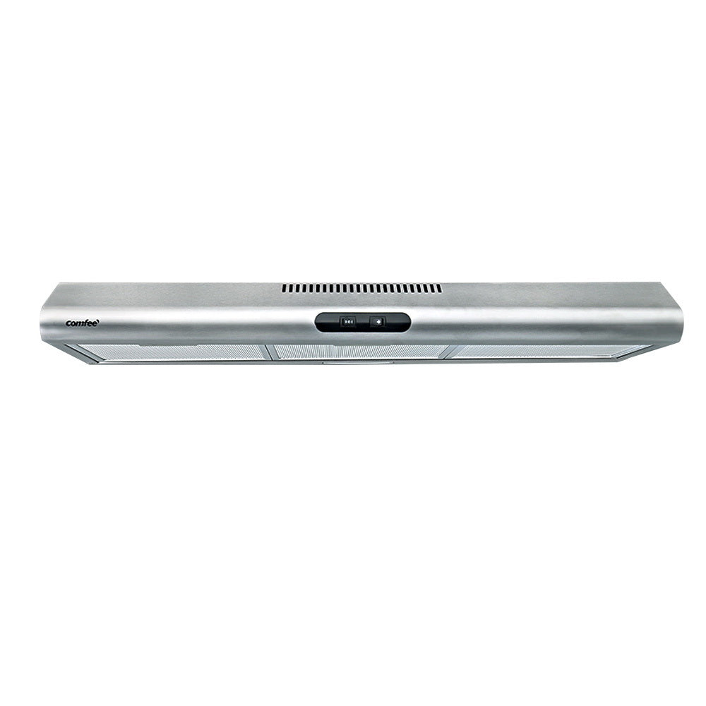 Comfee 900mm stainless steel range hood with LED light and grease filter, designed for efficient kitchen ventilation.
