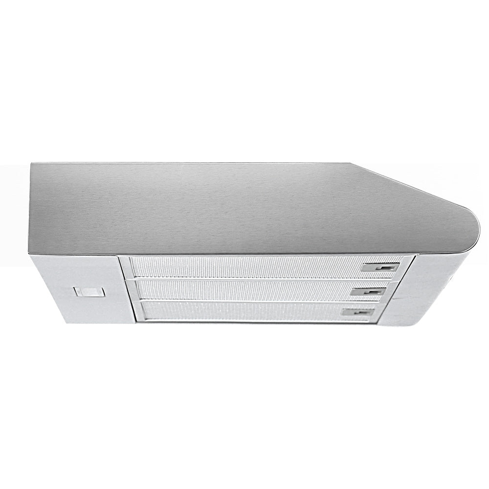 Comfee 900mm stainless steel range hood with LED light and grease filter, designed for efficient kitchen ventilation.