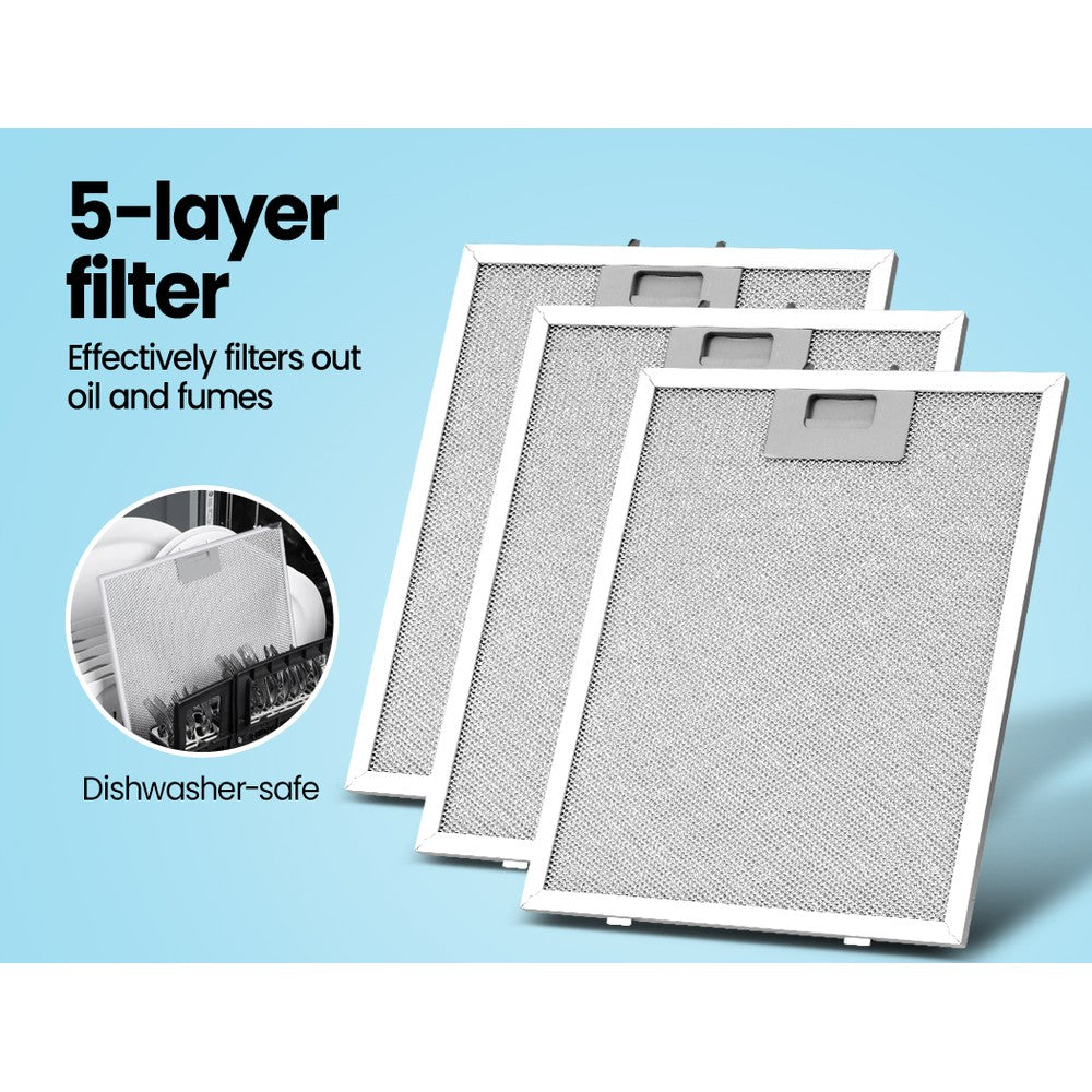 Comfee 900mm stainless steel range hood with LED light and grease filter, designed for efficient kitchen ventilation.