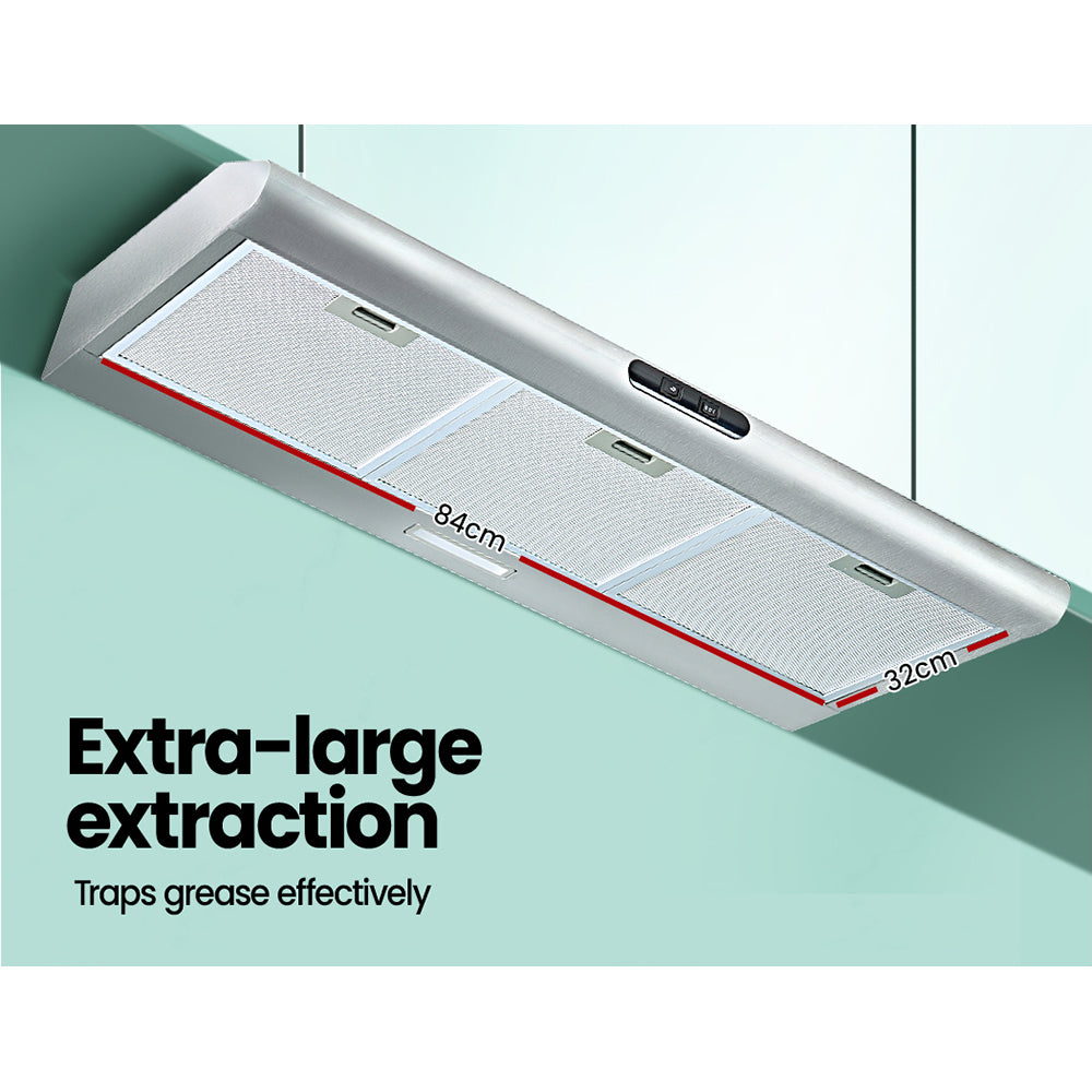 Comfee 900mm stainless steel range hood with LED light and grease filter, designed for efficient kitchen ventilation.