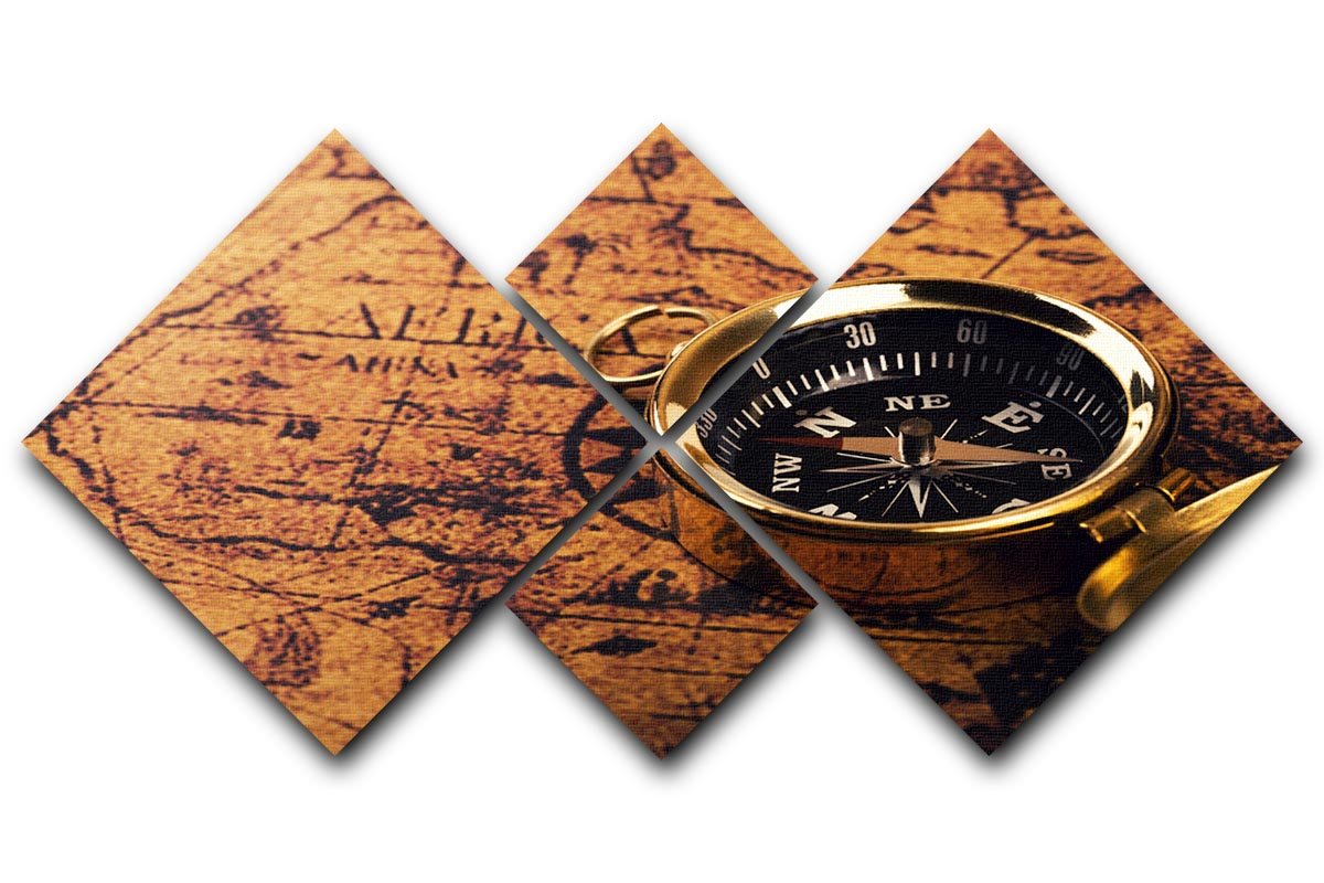 A 4-square multi-panel canvas featuring a vintage world map with a compass design, showcasing intricate details and vibrant colors.