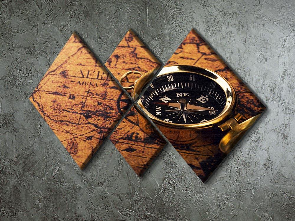 A 4-square multi-panel canvas featuring a vintage world map with a compass design, showcasing intricate details and vibrant colors.