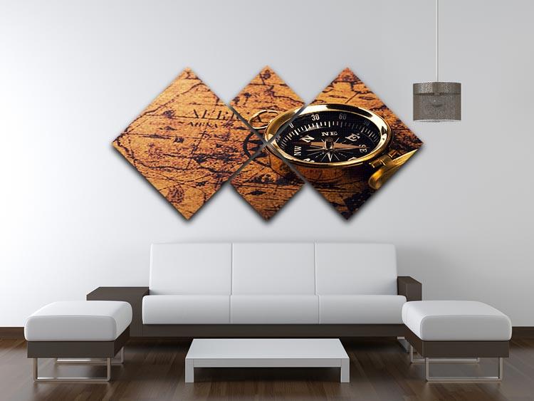 A 4-square multi-panel canvas featuring a vintage world map with a compass design, showcasing intricate details and vibrant colors.