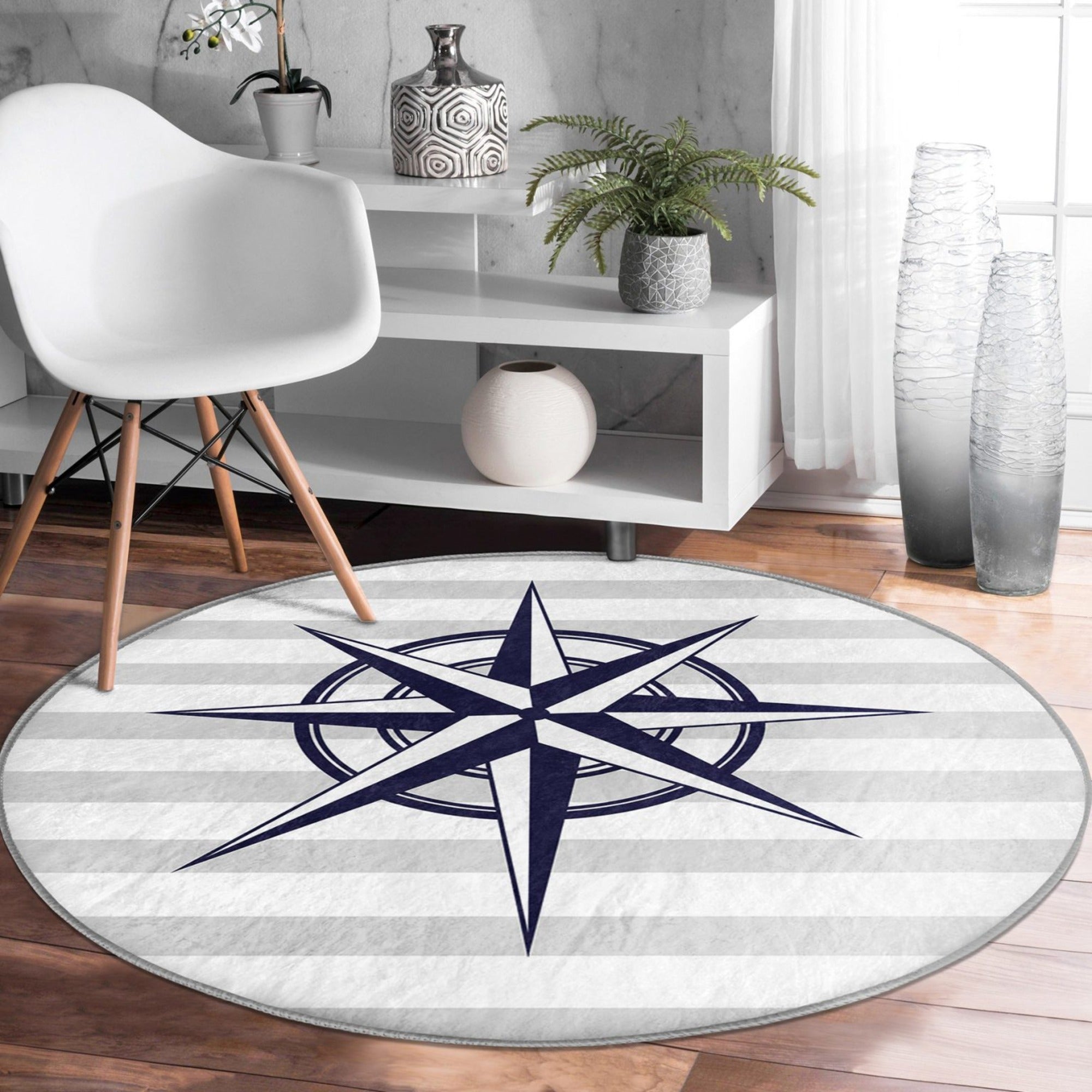 Compass Round Rug featuring a stylish compass pattern, made of soft velvet fabric, non-slip design, available in various sizes.