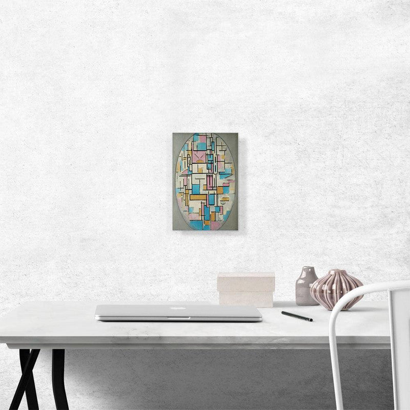 A vibrant canvas art piece titled 'Composition in Oval with Color Planes 1914', featuring abstract shapes and colors that enhance modern decor.
