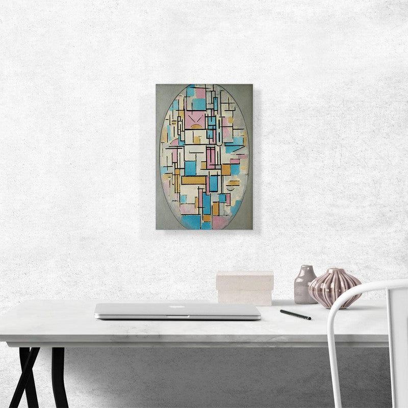 A vibrant canvas art piece titled 'Composition in Oval with Color Planes 1914', featuring abstract shapes and colors that enhance modern decor.