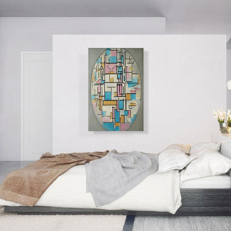 A vibrant canvas art piece titled 'Composition in Oval with Color Planes 1914', featuring abstract shapes and colors that enhance modern decor.