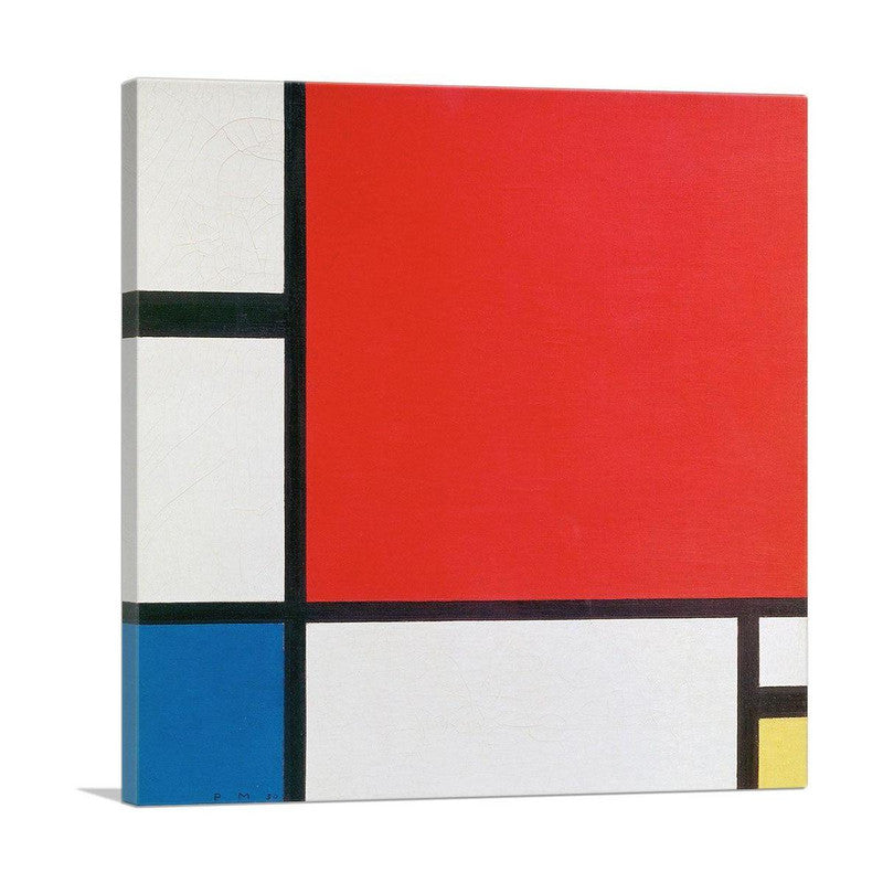 A vibrant abstract canvas art piece featuring bold red, blue, and yellow colors in geometric shapes, perfect for modern decor.