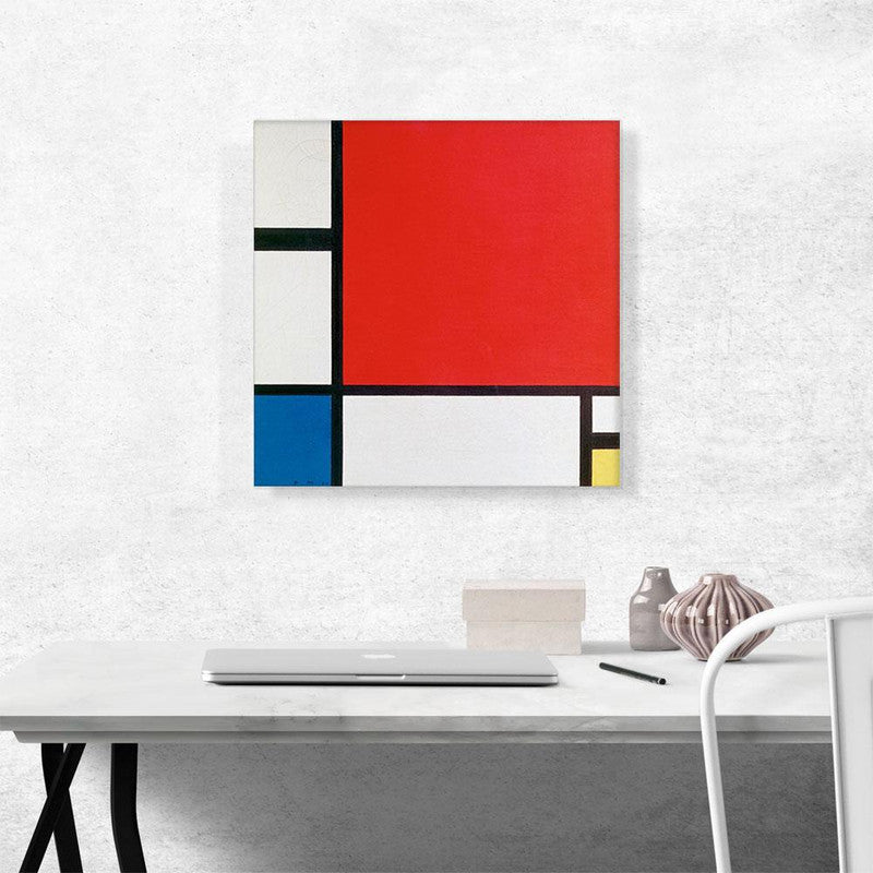 A vibrant abstract canvas art piece featuring bold red, blue, and yellow colors in geometric shapes, perfect for modern decor.