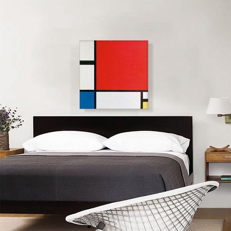 A vibrant abstract canvas art piece featuring bold red, blue, and yellow colors in geometric shapes, perfect for modern decor.