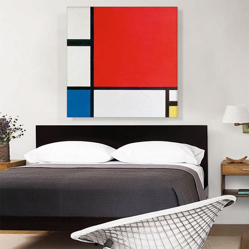 A vibrant abstract canvas art piece featuring bold red, blue, and yellow colors in geometric shapes, perfect for modern decor.
